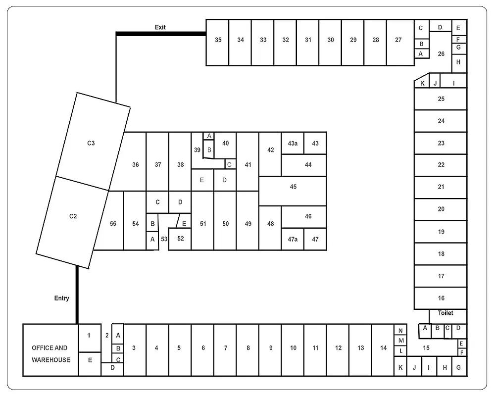 Site plan of Safe Secure Self Storage showing the numbered units, entry, exit and office
